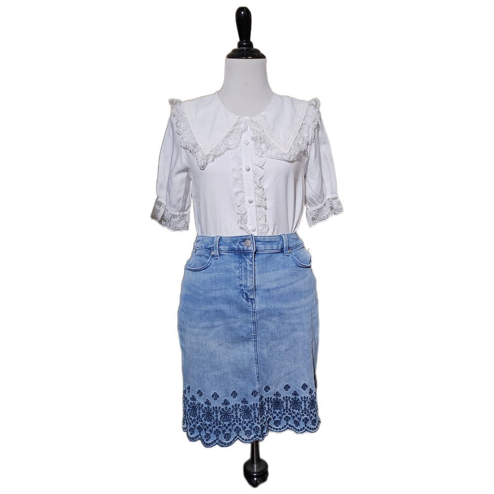 Talbots Light Blue Denim Pencil Skirt with Embroidered Lace Detail